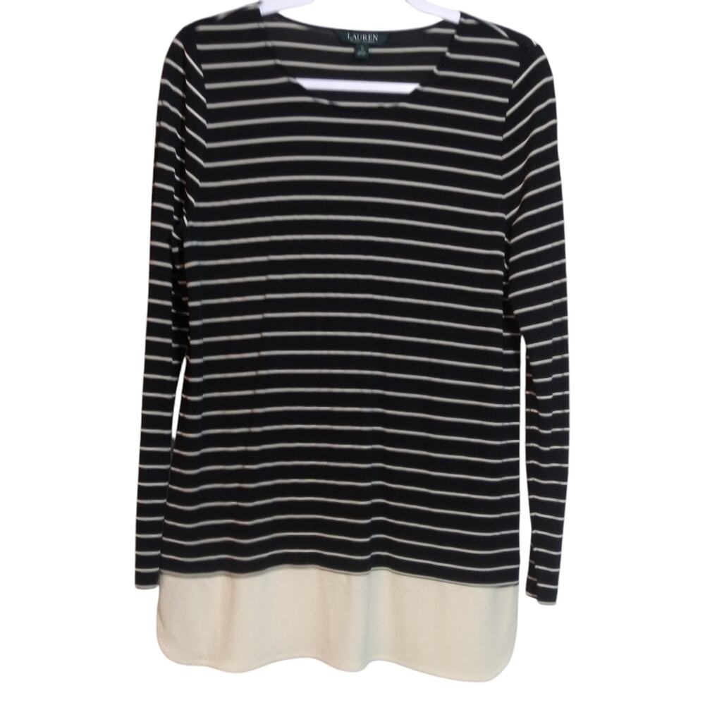 Ralph Lauren Women's Blouse Black Ivory White Striped Layered Long Sleeve Top M